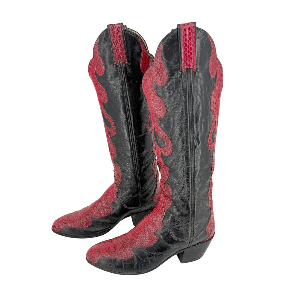 Tony Lama Tall Snakeskin Red Flame Cowboy Western Boots Women 6.5M VTG Leather